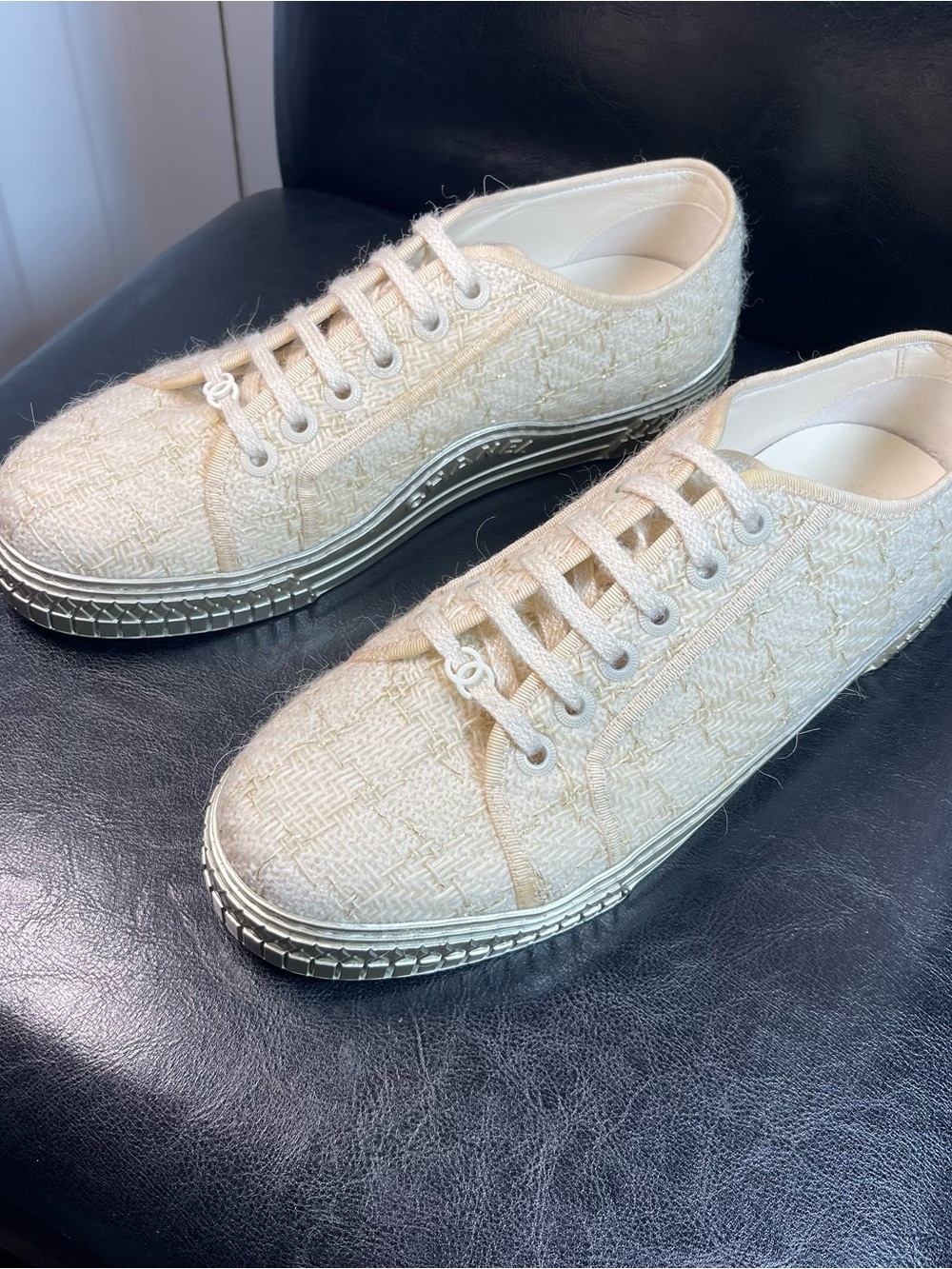 Chanel Gold and Ecru Tweed Sneakers SZ IT40/US 9.5